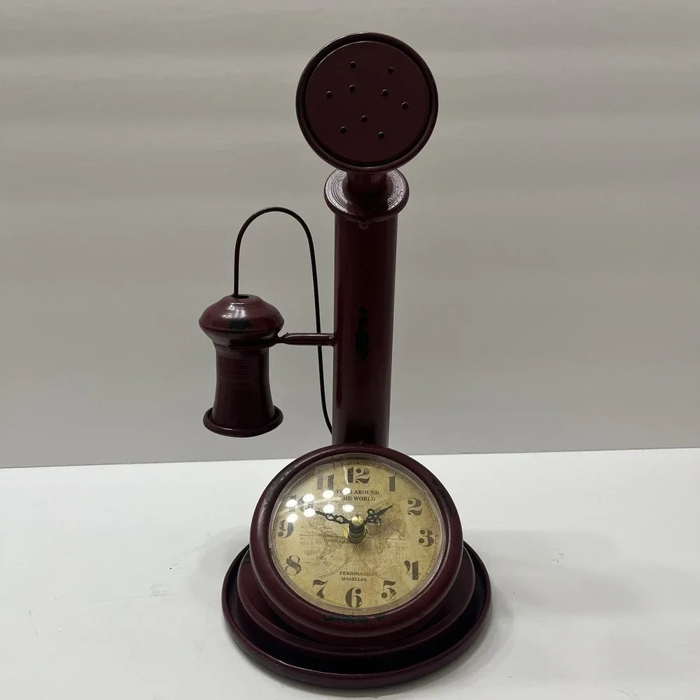 Vintage-Style Clock Red Antiqued Candlestick Phone Shaped Metal Distressed 13
